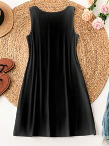 SHEIN LUNE Casual Simple Henna Pattern, Moon & Feather Print Round Neck Sleeveless Women Summer Dress - Black - View 2