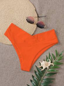 SHEIN Swim 女士纯色高腰日常比基尼泳裤（双面面料）夏季 - 橘色 - 查看 2