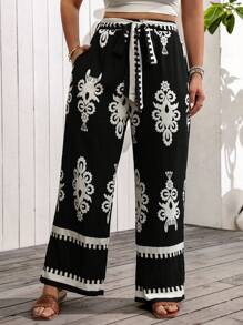 SHEIN Clasi 大尺碼休閒復古印花度假長褲 - 黑色 - 查看 5
