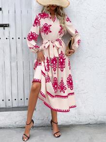 SHEIN Clasi Vestido largo a línea para mujer con estampado de moda y cintura ajustada - Rosa Fucsia - Ver 3