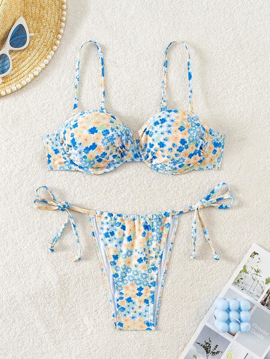 SHEIN Swim 女士夏季海灘花朵斜肩比基尼套裝，配性感丁字褲底 - 彩色 - 查看 1