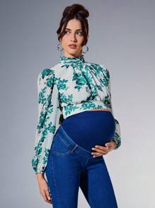SHEIN Maternity Comfortable Long Sleeve Cut Out Back Short Woven Floral Printed Loose Top, Leisure - Green - View 4