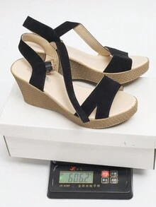 女式楔形跟涼鞋，新款夏季韓版性感羅馬風格厚底防水平臺高跟鞋，帶踝帶 - 黑色 - 查看 6