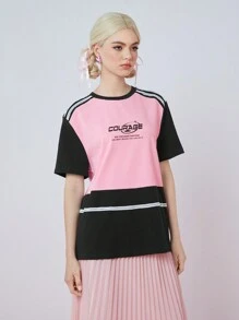 SHEINNeu SHEINneu Women's Summer Contrast Color Split Casual Sports Slogan Printed Round Neck Short-Sleeved T-Shirt
