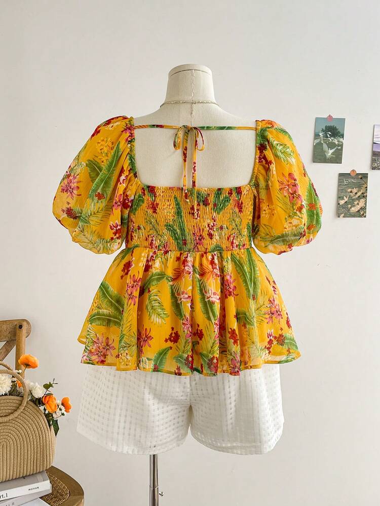 Plus-Size Women's Sweetheart Collar Tie Front Blouse With Puffed Sleeves Summer Holiday Casual Beach Tropical Flower Blouse