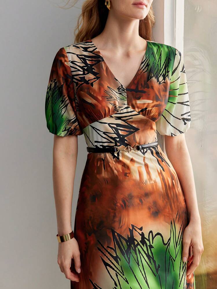 Women's Summer Tie-Dye Printed V-Neck Short Puff Sleeve Long Elegant Dress