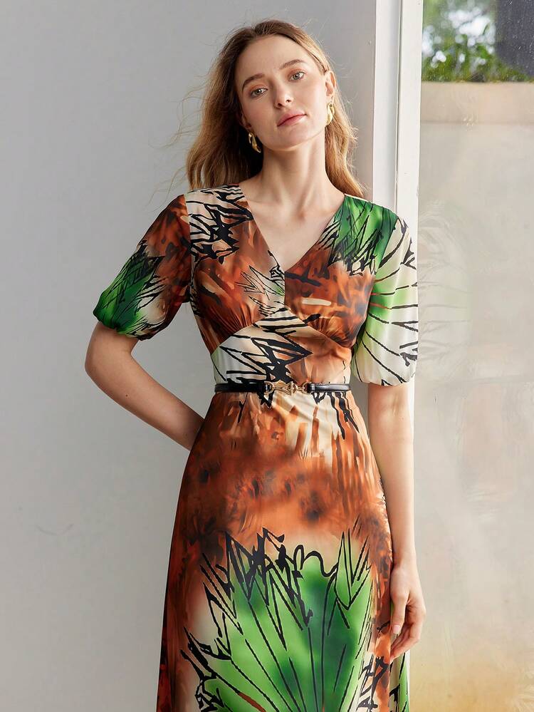 Women's Summer Tie-Dye Printed V-Neck Short Puff Sleeve Long Elegant Dress