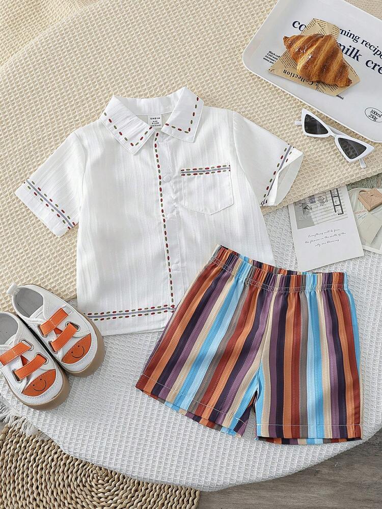 Boys' & Infants' Fashionable Short Sleeve Striped Shirt And Shorts Casual Summer Outfits