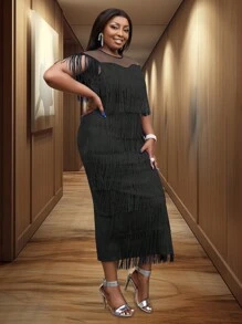 Voworia 女士黑色流苏透视上衣盖袖节日派对流苏连衣裙中长款 - 黑色 - 查看 7