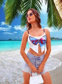 Zolique Áo ba lỗ in hình bướm thời trang dành cho nữ có trang trí bằng kim cương giả - trắng - Xem 7