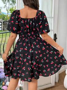Franclia Cherry Print Puff Sleeve Square Neck Plus Size Boho Knee-Length Dress With Cinched Waist, For Summer