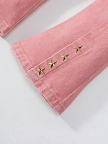Jeans de mezclilla rosa lavada con piedras para niña joven con dobladillo con abertura - Rosa - Ver 7