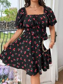 Franclia Cherry Print Puff Sleeve Square Neck Plus Size Boho Knee-Length Dress With Cinched Waist, For Summer