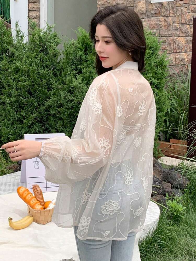 See-Through Textured Jacquard Long Sleeve Women's Shirt Summer Sheer Preppy Tops