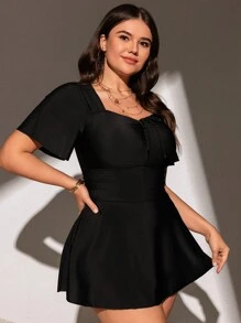 Swim Lushoire Plus Size Summer Solid Color Swim Dress With Sweetheart Neckline, Knotted Hem,Summer Beach