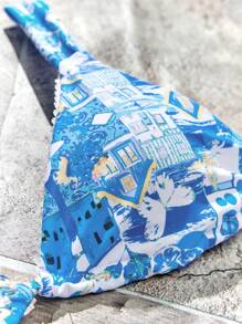 SHEIN Swim 女性夏季海灘花卉印花性感比基尼套裝 - 藍白色 - 查看 3