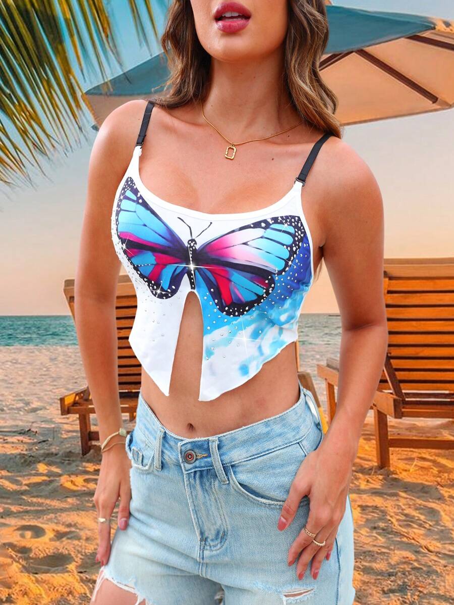 Zolique Áo ba lỗ in hình bướm thời trang dành cho nữ có trang trí bằng kim cương giả - trắng - Xem 1