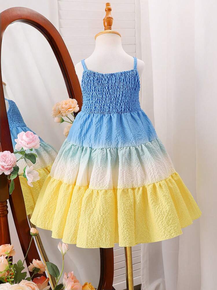 Baby Girl Summer New Casual & Elegant Ombre Digital Printed Sleeveless Dress With Flared Hem