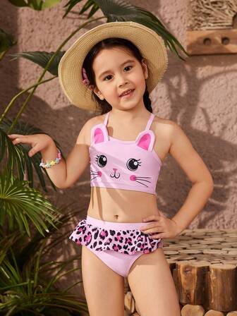 SHEIN 少女夏季卡通印花細肩帶背心和豹紋荷葉邊比基尼套裝，三角褲