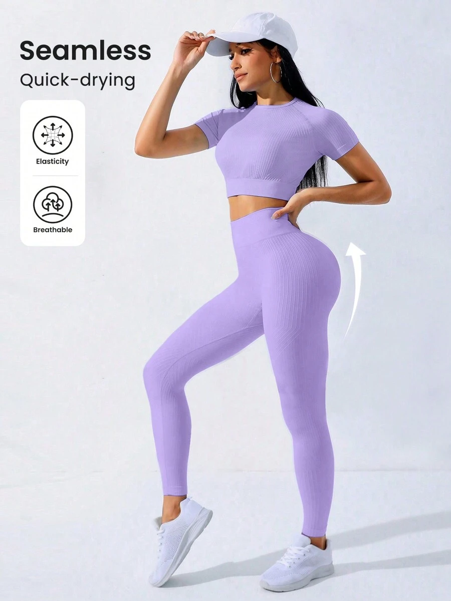 SHEIN Sovereign Charm Naadloze, elastische sportset met raglanmouwen, workoutset voor dames, workoutset voor dames, leggingset voor dames, sportschooloutfit voor dames