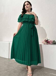 Modelyn 大码女式纯色简约日常露肩连衣裙女装长款晚礼服 - 墨綠色 - 查看 4