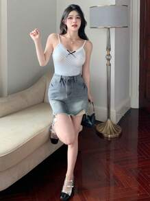 DAZY Women's Casual Denim Skirt With Pocket, Distressed Patchwork And Frayed Hem Jeans Skirt - Light Wash - View 2