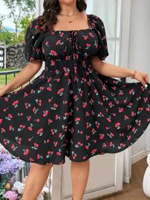 Franclia Cherry Print Puff Sleeve Square Neck Plus Size Boho Knee-Length Dress With Cinched Waist, For Summer