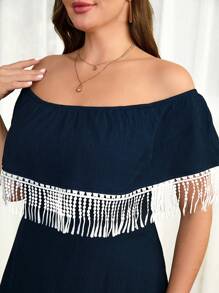 Mulvari Plus Size Women's Patchwork Tassel Off Shoulder Dress