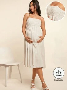 SHEIN Maternity Casual Homewear Adjustable Removable Spaghetti Strap Midi Fitted Woven Dress - Beige - View 1
