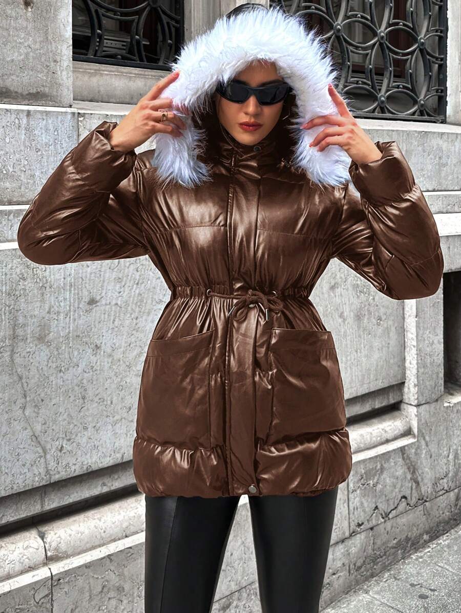 RueChic Women's Solid Color Zipper Closure Coat With Large Pockets, Padded - Rust Brown - View 1