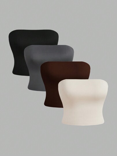 SHEIN Essnce Casual Simple Solid Color Plus Size Women's Tube Top Set, 4pcs, Suitable For Summer Suitable For Going Out