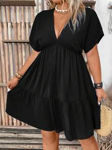 EMERY ROSE Plus Size Women's Solid Color Deep V-Neck Batwing Sleeve Short Casual Dress, Summer - Black - View 1