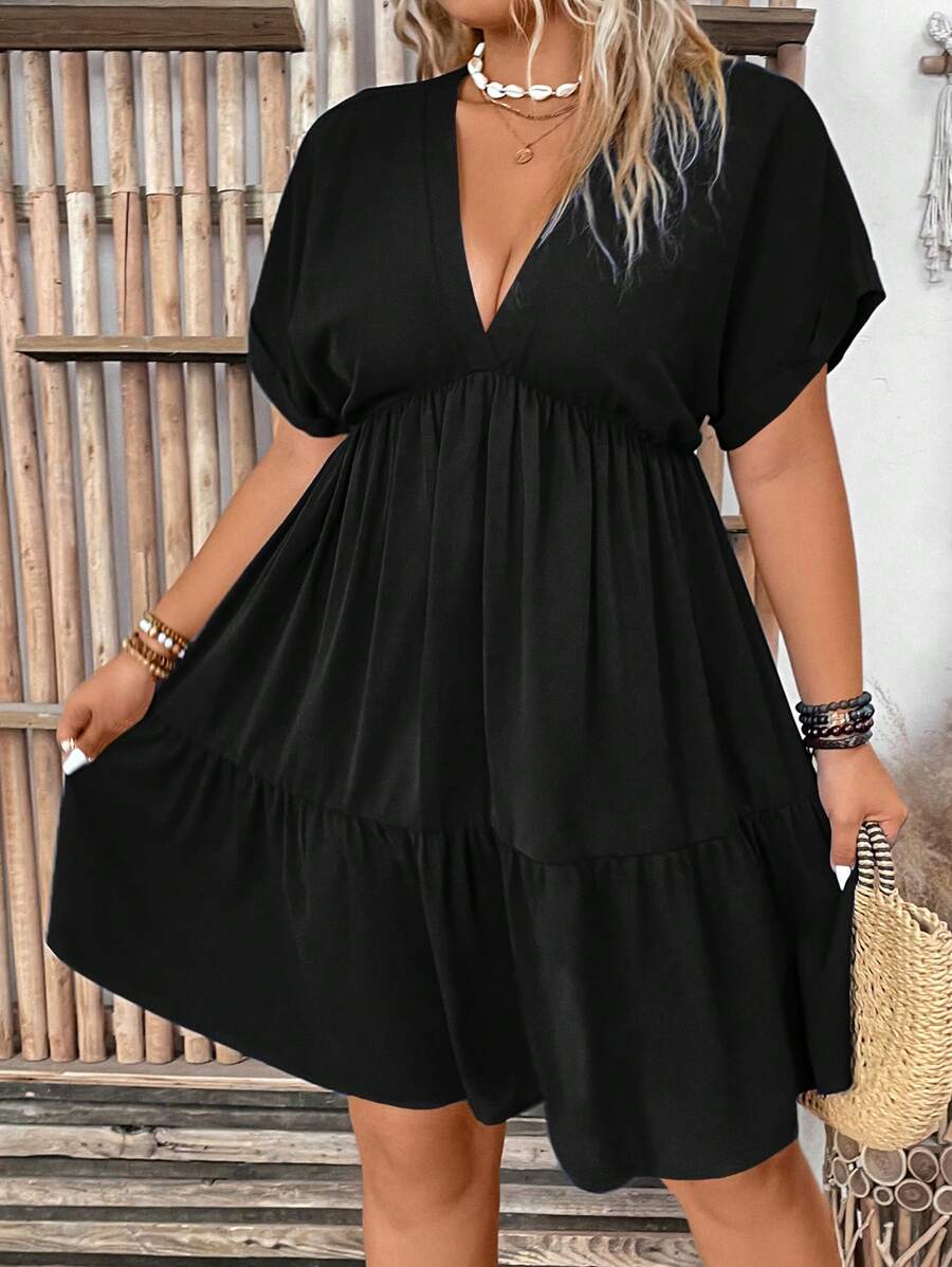 EMERY ROSE Plus Size Women's Solid Color Deep V-Neck Batwing Sleeve Short Casual Dress, Summer - Black - View 1