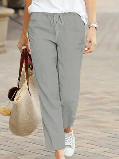 Women's Solid Color Drawstring Pocket Casual Straight Leg Pants