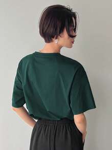 FRIFUL Women's Summer Loose Fit Casual T-Shirt With Letter Embossed Round Neckline And Drop Shoulder Sleeves