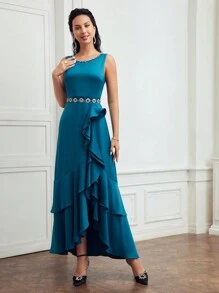MOTF PREMIUM RHINESTONE DETAIL ASYMMETRICAL LAYERED RUFFLE TRIM DRESS