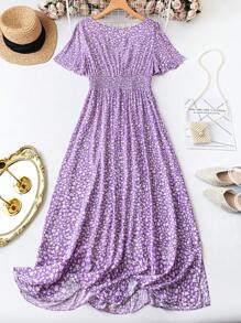 SHEIN LUNE Plus Size Women's Summer Vacation Ditsy Floral Shirred Waist Tie Wide Leg Jumpsuit Maxi Women Outfit - Purple - View 2