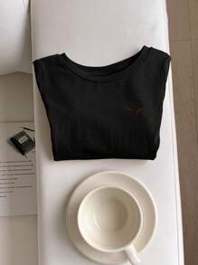 SHEIN Baby Boy Casual Cartoon Animal Pattern Soft Knitted Round Neck Short Sleeve Top - Black - View 8