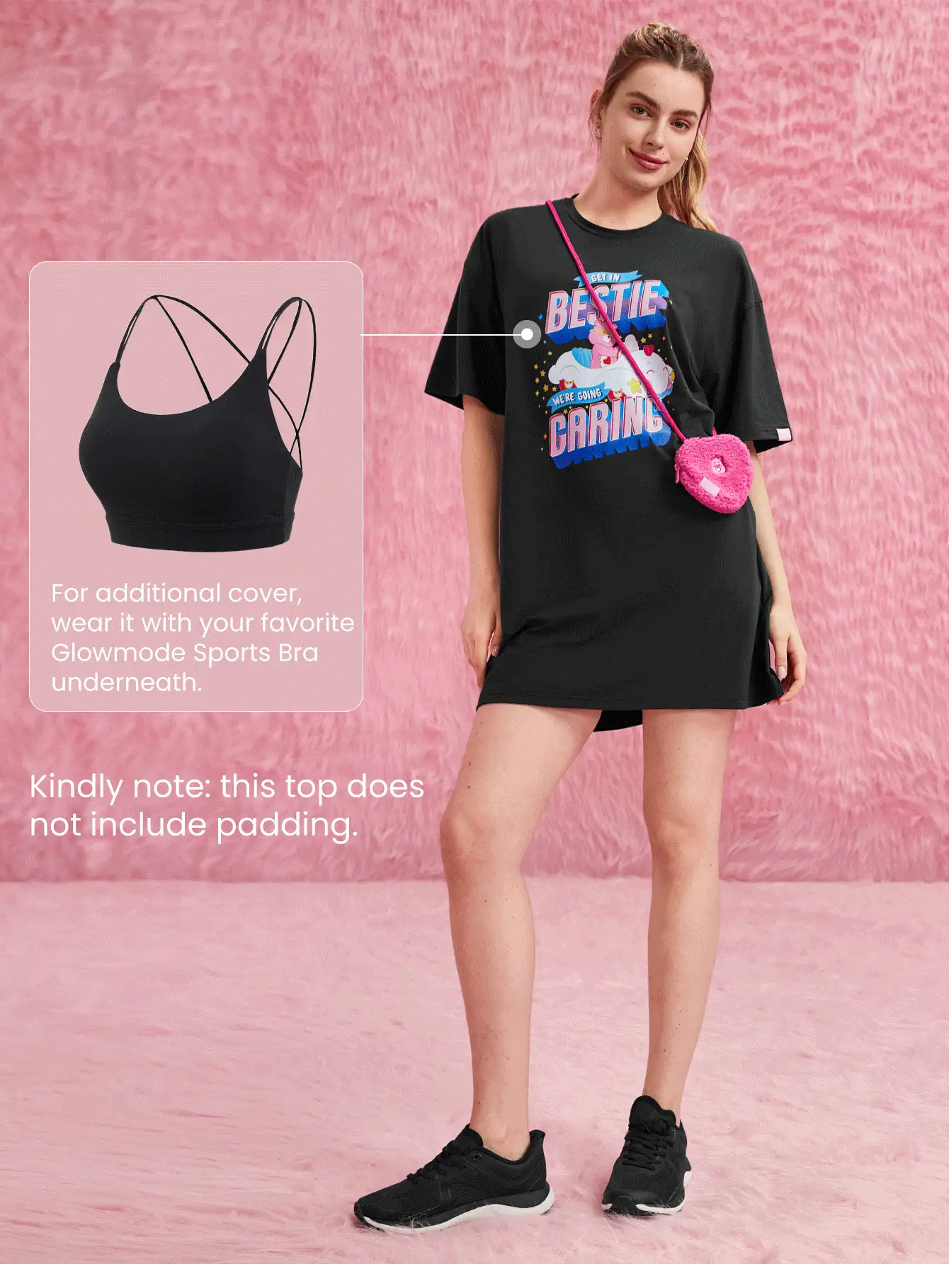 GLOWMODE X Care Bears™ Pima Cotton Long Loose Fit Bear Graphic Tee Daily Casual - Black - View 6