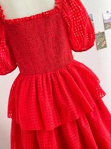 Soleia Holiday Pastoral Romantic Red Plaid Jacquard Multi-Layer Cake Style Plus Size Dress Long - Red - View 5