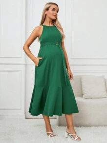 SHEIN 孕婦寬鬆時尚連領帶長裙，配有口袋，適用於休閒和通勤 - 綠色 - 查看 3