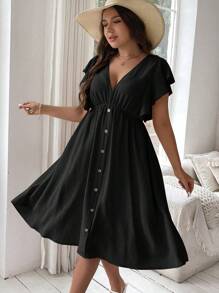 Flirla Plus Size Solid Color Buttoned V-Neck Dress With Ruffle Hem