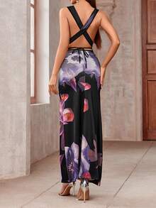 Elegant Floral Printed Deep Draped Neck Backless Sleeveless Dress For Summer - Purple - View 2