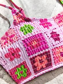 SHEIN Swim 女士夏季沙滩花卉印花性感比基尼套装，度假比基尼套装 - 粉色 - 查看 3