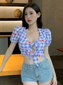 DAZY 女士格子印花短袖衬衫，荷叶边，露脐上衣 - 藍色 - 查看 3