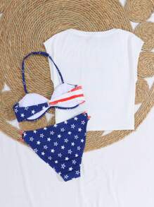 SHEIN Teen Girl's American Flag Stars Printed Bikini Set Bra & Swim Bottom & Beach Cover Up Top, 4th Of July Outfit, 3pcs