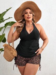 Swim Lushoire Conjunto de tankini de playa de verano de talla grande con parte superior de cuello halter y cordón ajustable y pantalones cortos cuadrados estampados de leopardo de unicolor, para vacaciones y ocio - Negro - Ver 4