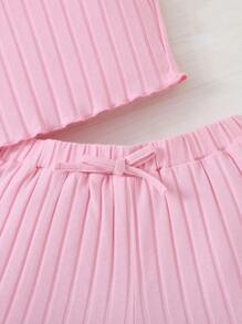SHEIN Tween Girl Knitted Solid Color Tank Top And Shorts Set With Ribbed Trim, Casual Outfits - Coral Pink - View 3