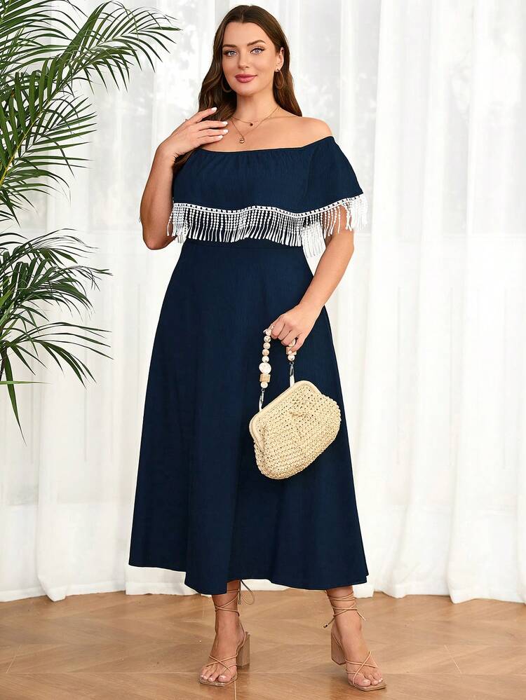 Plus Size Women's Patchwork Tassel Off Shoulder Dress