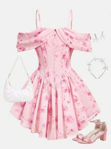 SHEIN Vestido de tirantes de Chifón rosa con diseño floral para adolescente, con dobladillo de volantes y cintura en línea A - Rosa - Ver 1